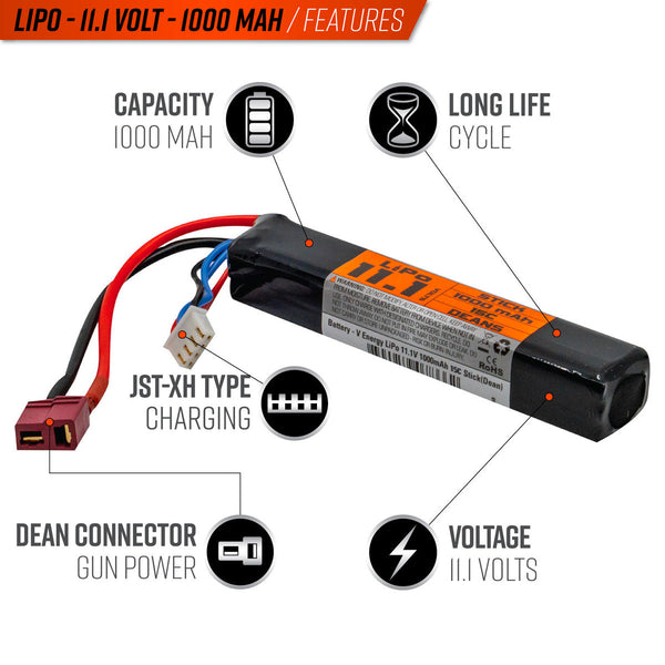 Valken LiPo 11.1V 1000mAh 15C Stick Airsoft Battery – Deans/T-Plug | Valken